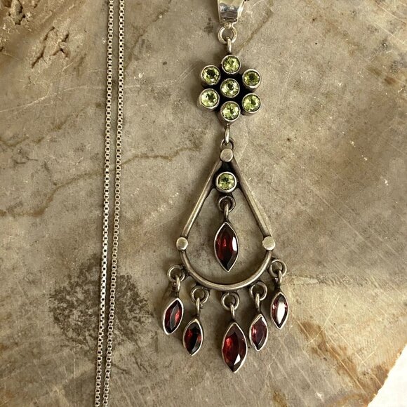 Sterling Silver 925 Red Garnet & Peridot Chandelier Pendant Necklace 20" Chain - Picture 4 of 16